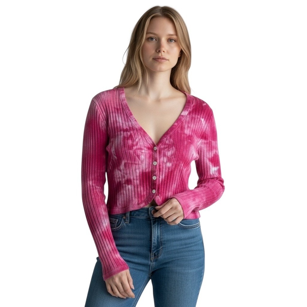 Aerie Medium‎ Crop Top Handmade Tie Dye Long Sleeve Hot Pink Knit Preppy 1025